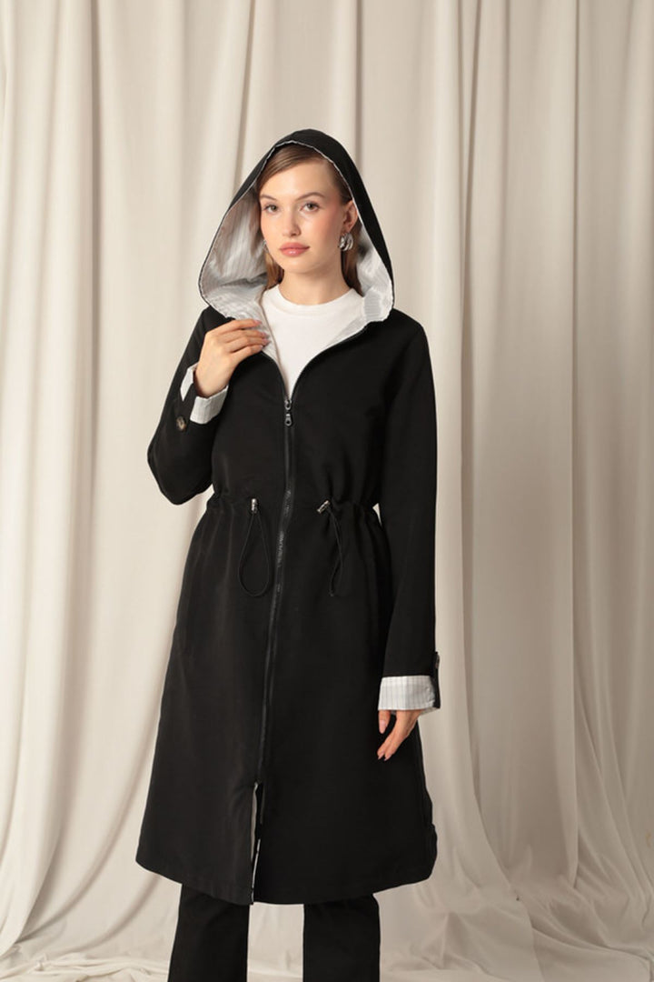 KKT Torino Fabric Striped Hooded Women's Black Raincoat - Fresno