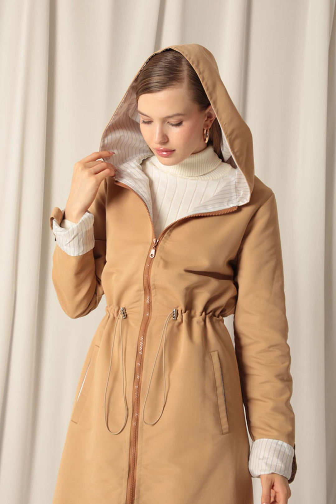 KKT Torino Fabric Striped Hooded Women's Tan Raincoat - Harrisonburg