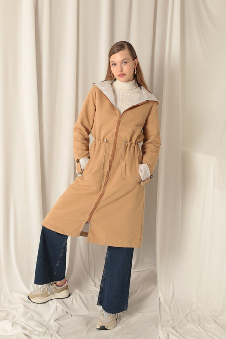 KKT Torino Fabric Striped Hooded Women's Tan Raincoat - Harrisonburg