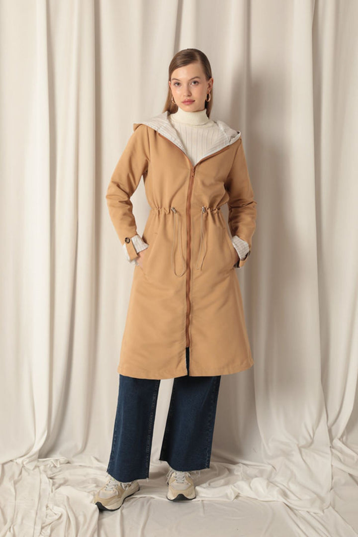 KKT Torino Fabric Striped Hooded Women's Tan Raincoat - Harrisonburg