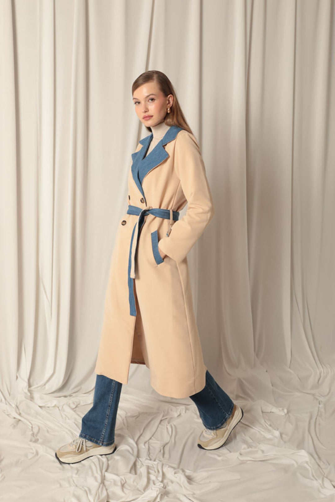 KKT Torino Fabric Maxi Length Women's Stone Trench Coat - Lincoln