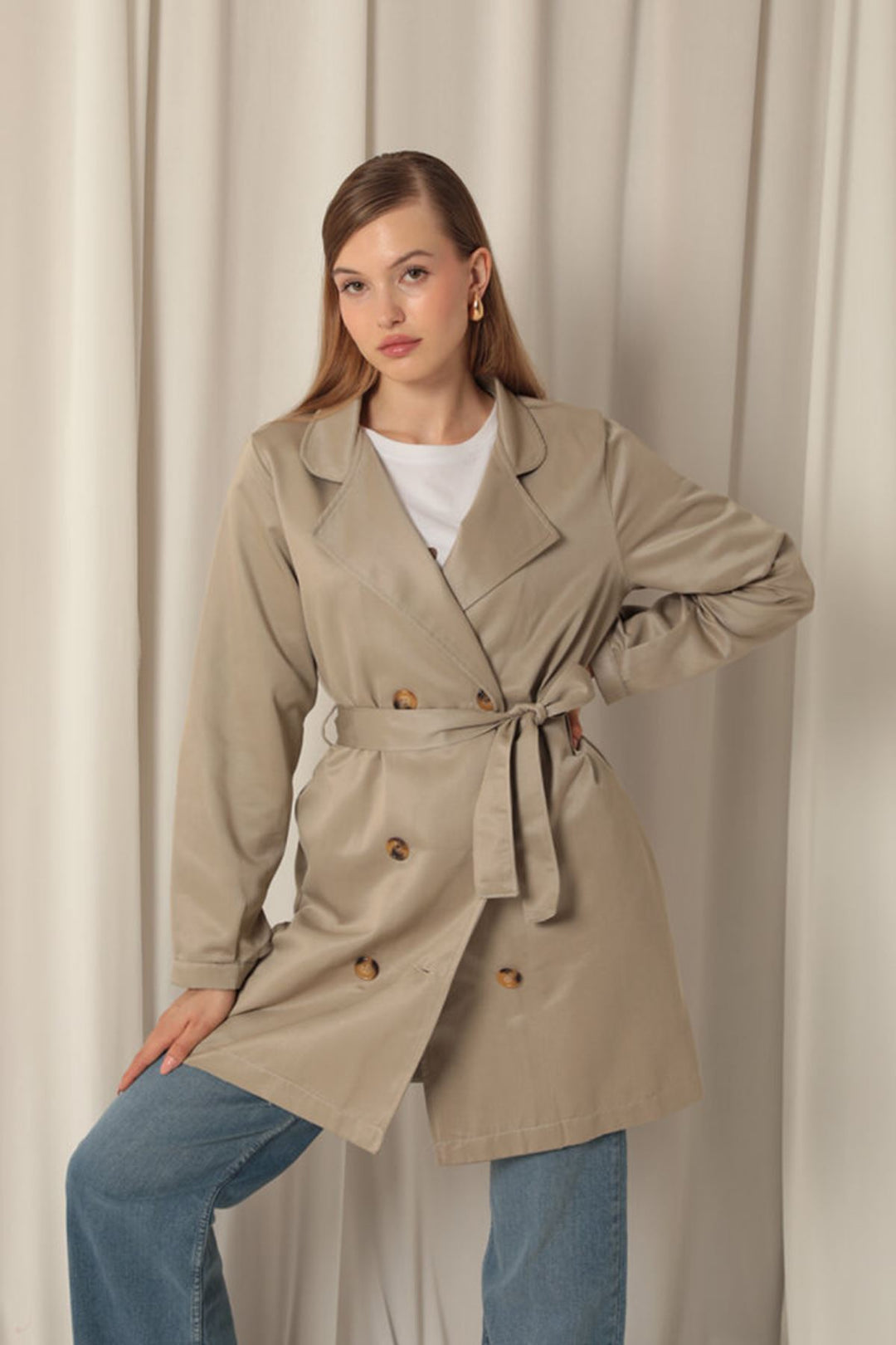 KKT Torino Fabric Liquid Proof Under Hip Length Women's Stone Trench Coat - Progreso