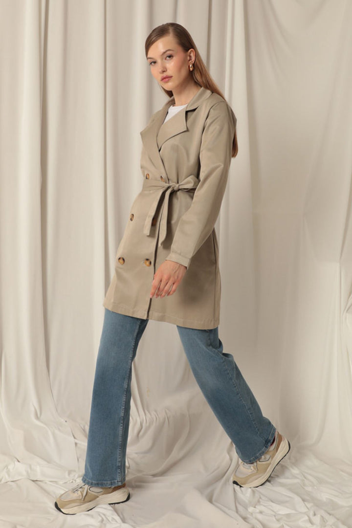 KKT Torino Fabric Liquid Proof Under Hip Length Women's Stone Trench Coat - Progreso