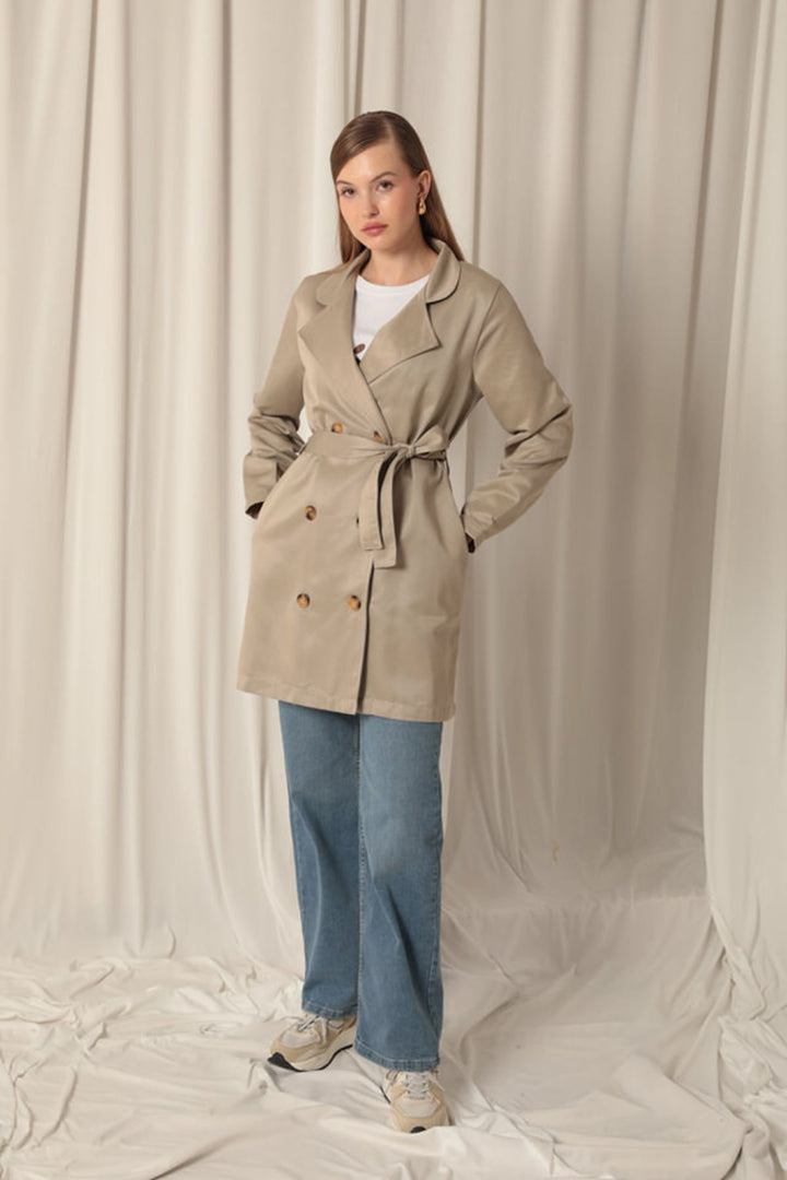 KKT Torino Fabric Liquid Proof Under Hip Length Women's Stone Trench Coat - Progreso