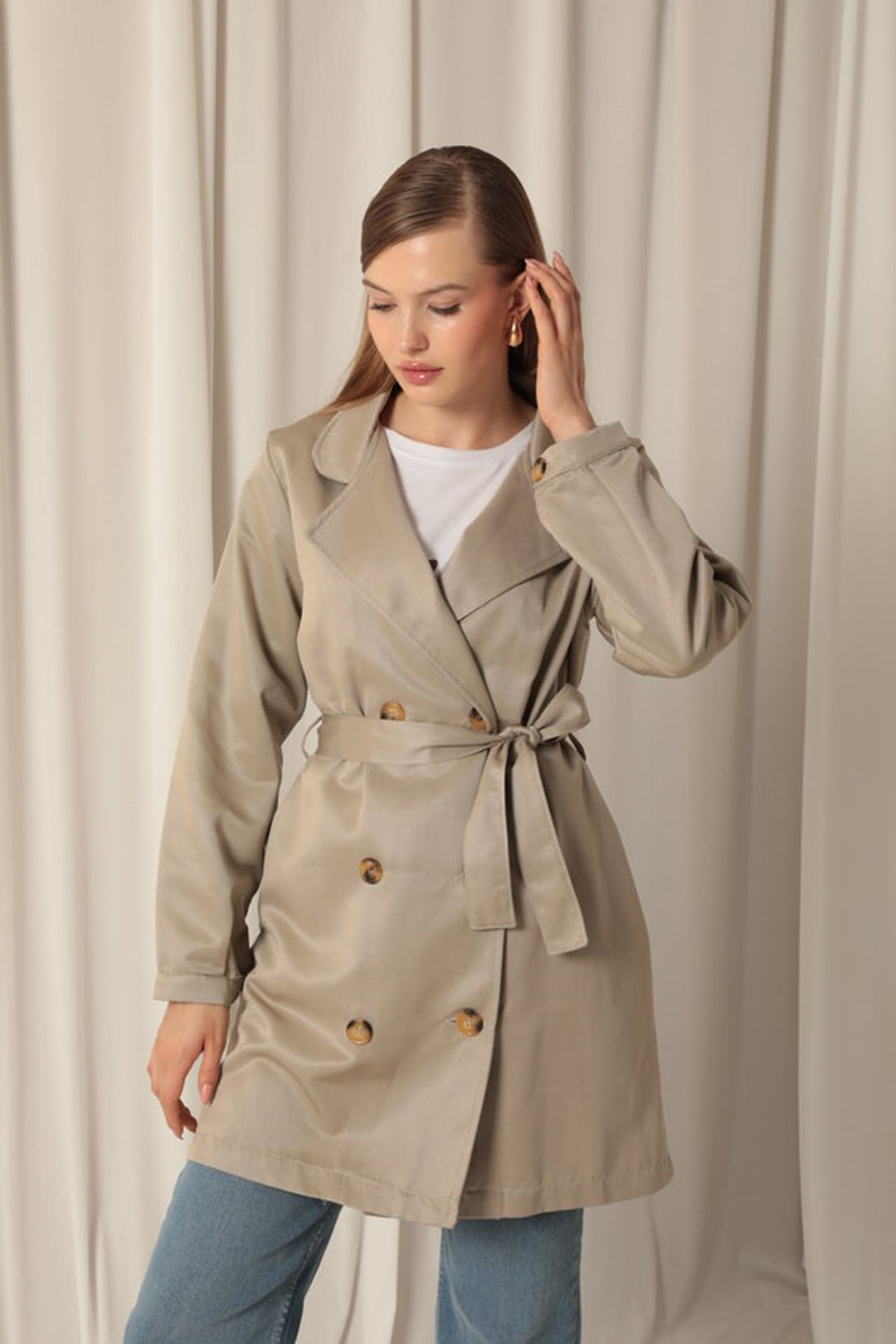 KKT Torino Fabric Liquid Proof Under Hip Length Women's Stone Trench Coat - Progreso