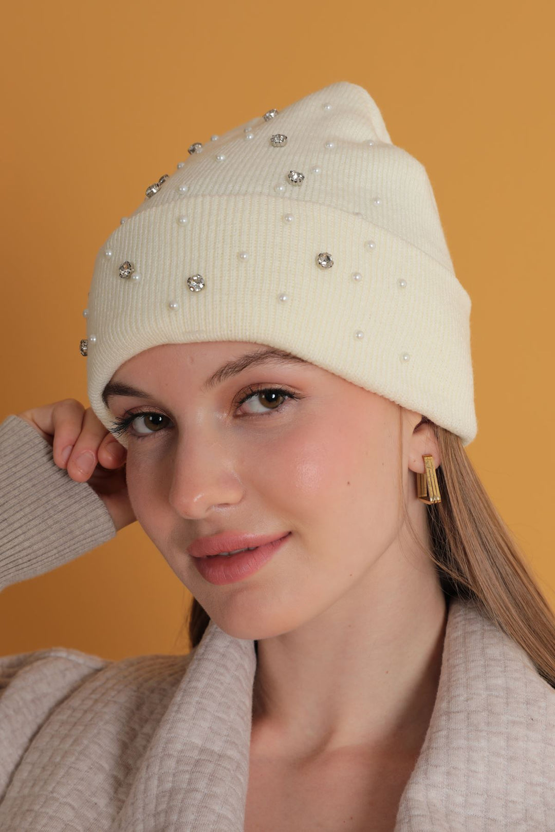 KKT Women's Ecru Beret with Pearls - Pátzcuaro