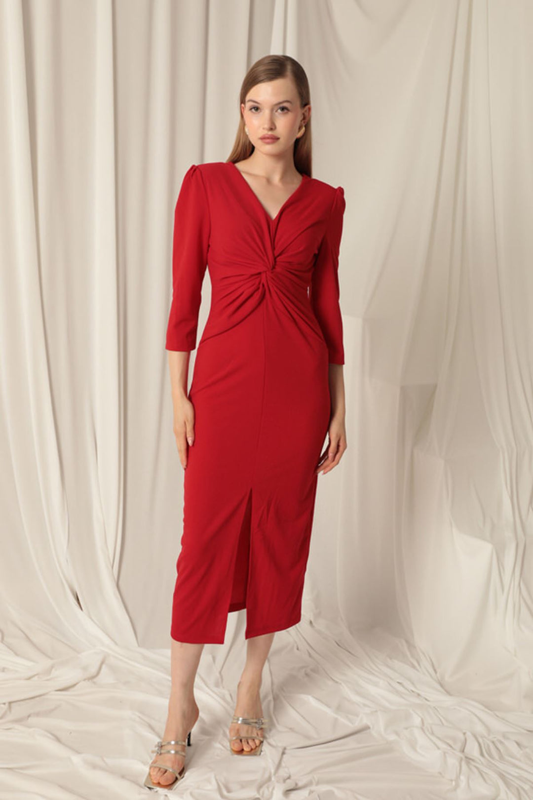 KKT Atlas crêpe tissu avant Twirl Detail Robe rouge féminine - argenteuil