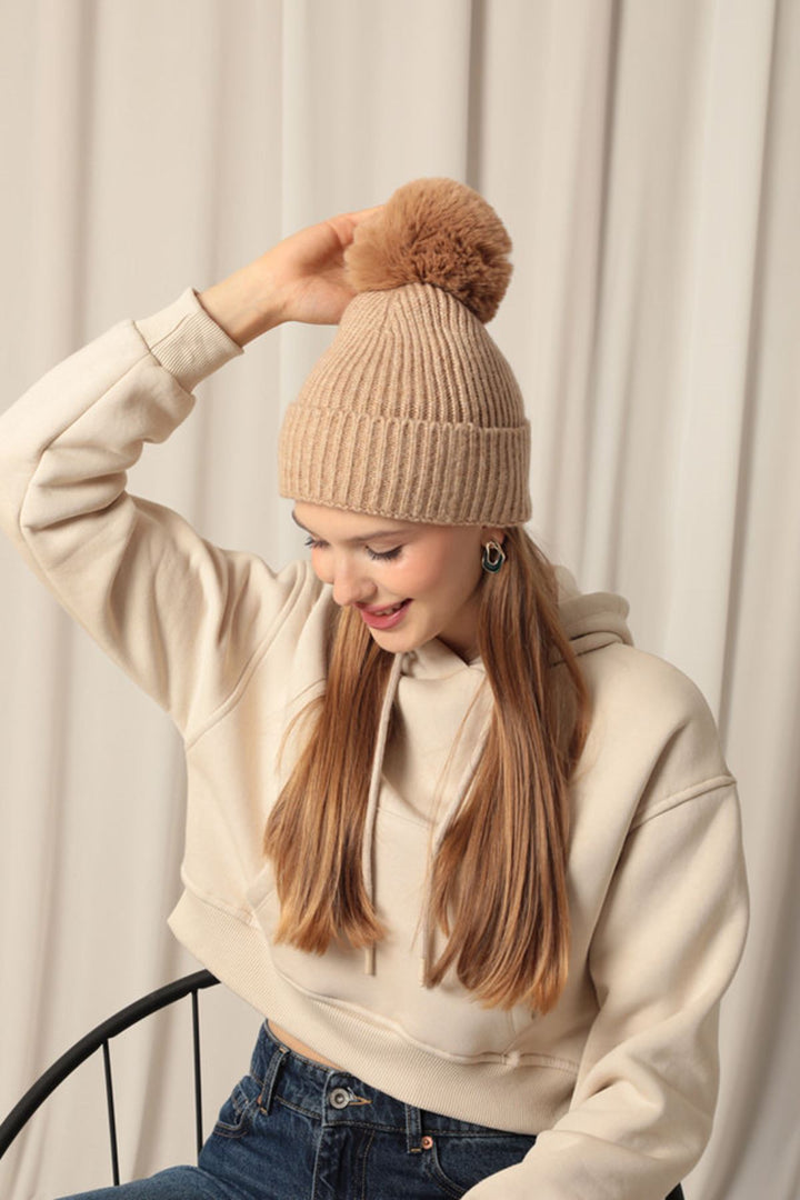 KKT Women's Beige Beanie with Pompom - Soest