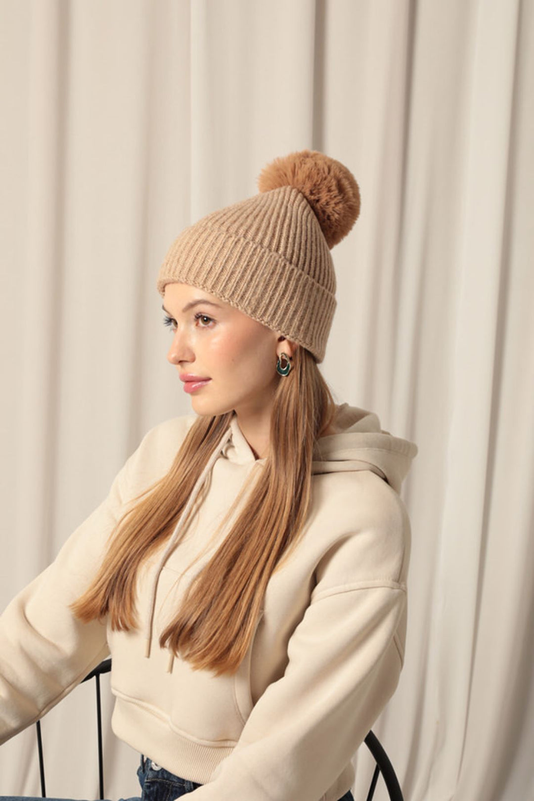 KKT Women's Beige Beanie with Pompom - Soest