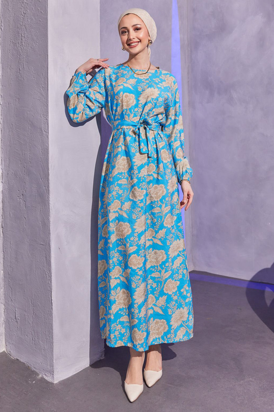 BNG Women Floral Patterned Hijab Dress Blue - Clermont