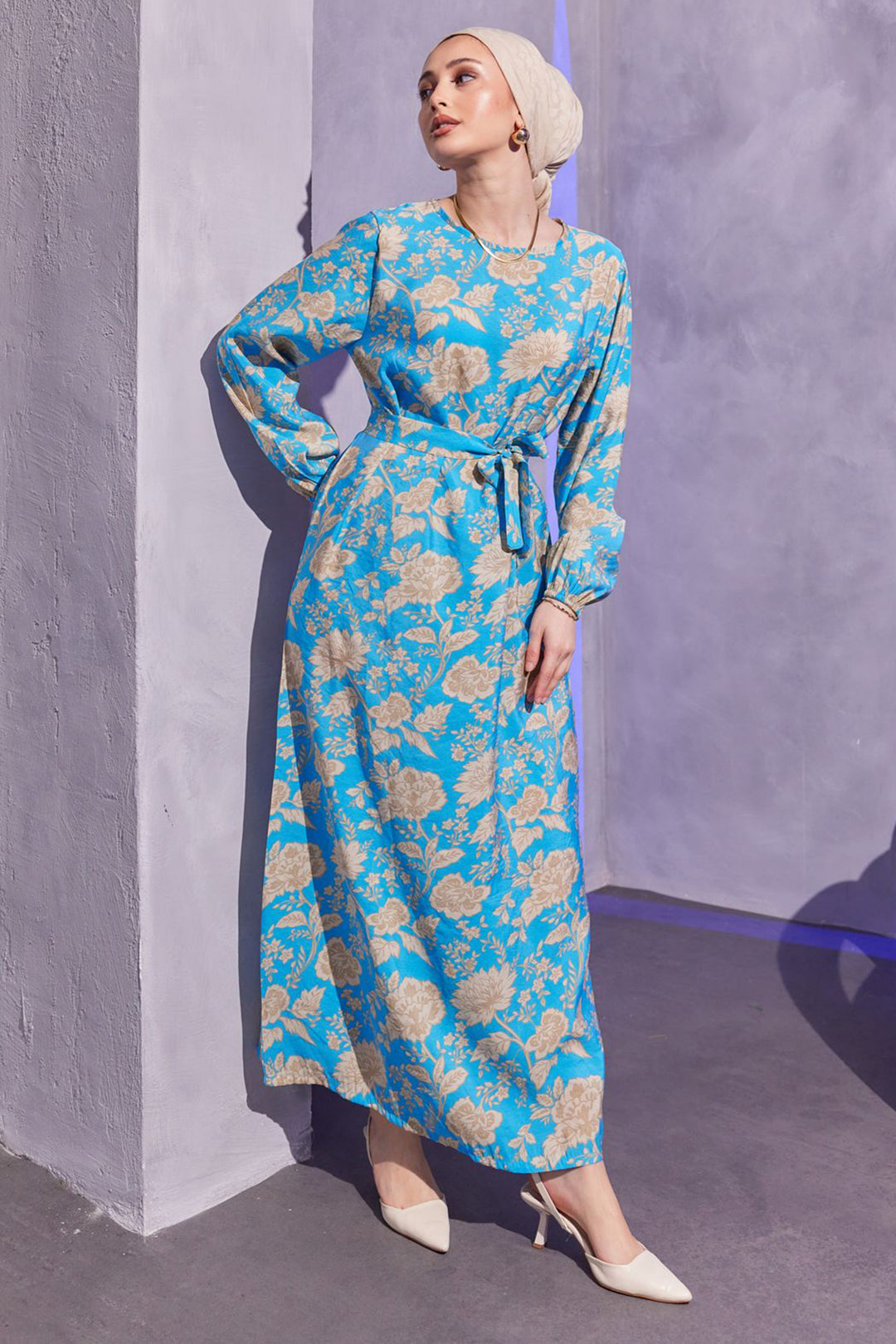 BNG Women Floral Patterned Hijab Dress Blue - Clermont