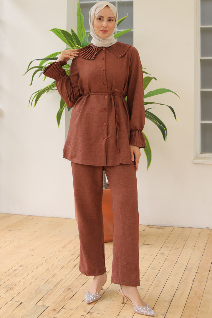 BNG Women Brown Linen Suit with Pleated Collar and Sleeves - Clermont