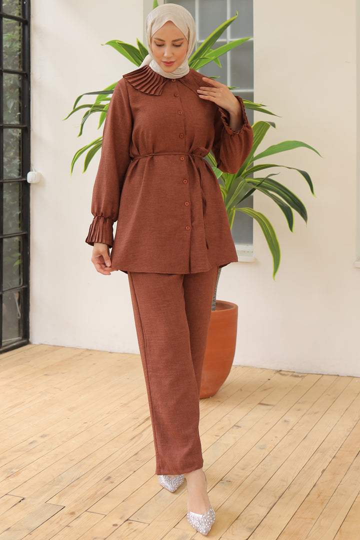 BNG Women Brown Linen Suit with Pleated Collar and Sleeves - Clermont