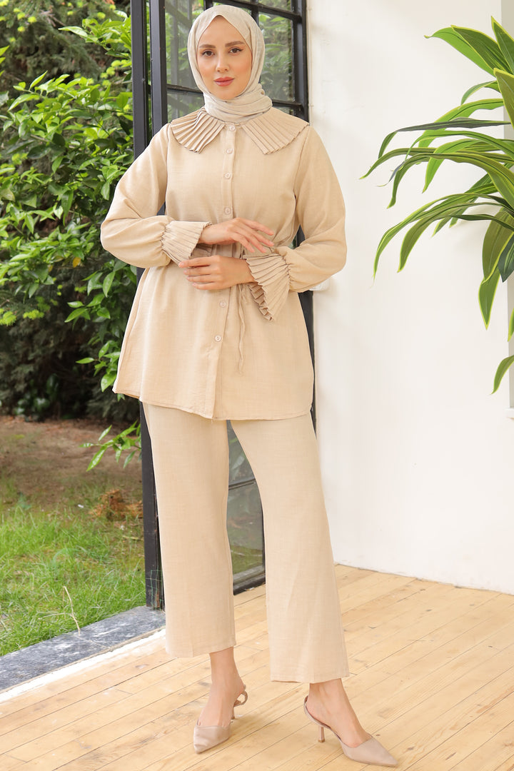 BNG Women Stone Color Pleated Linen Suit with Collar and Sleeves - Clermont