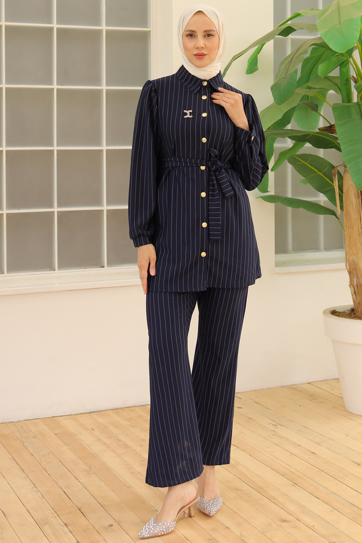 BNG Women Striped Crepe Suit Navy Blue - Clermont