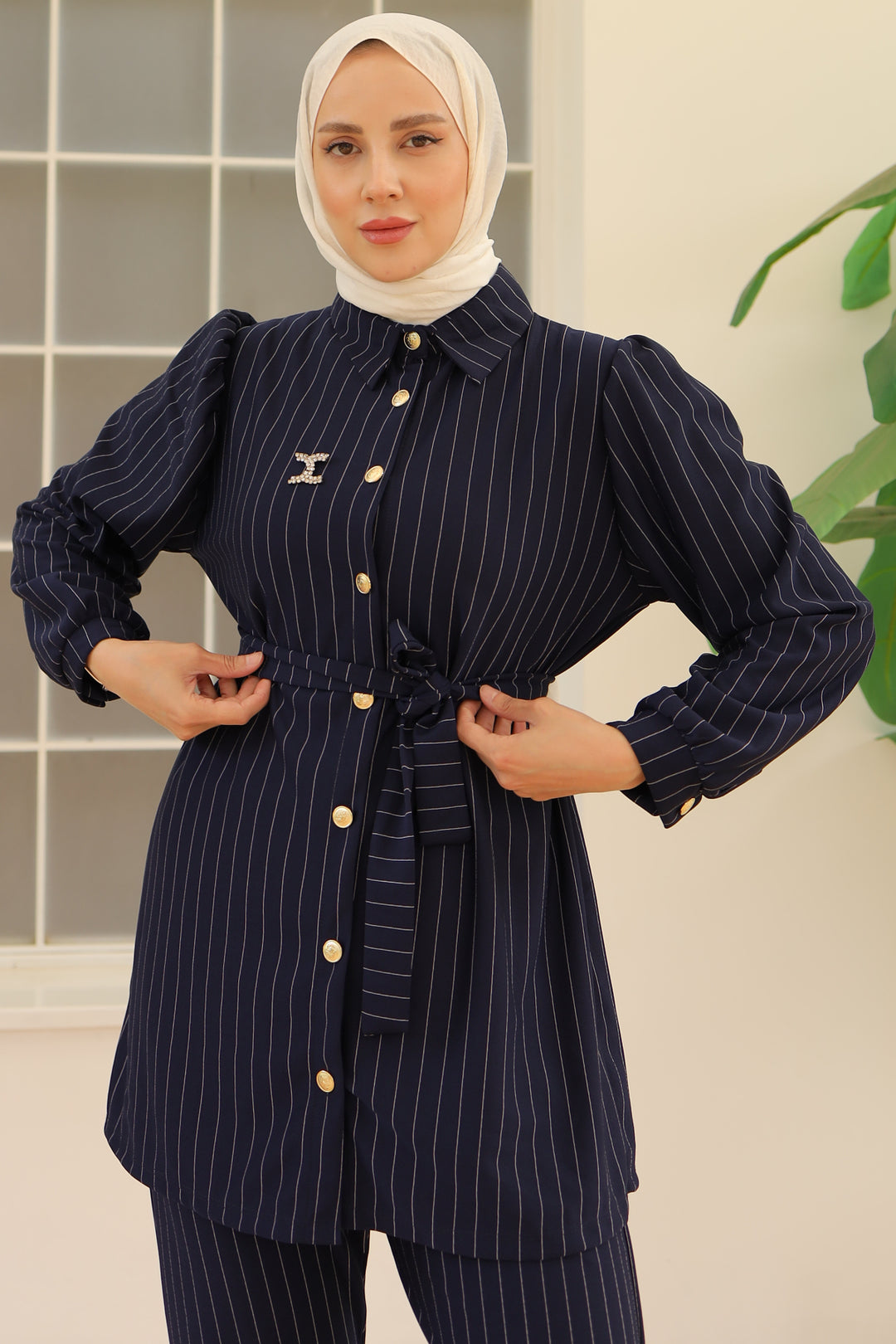 BNG Women Striped Crepe Suit Navy Blue - Clermont