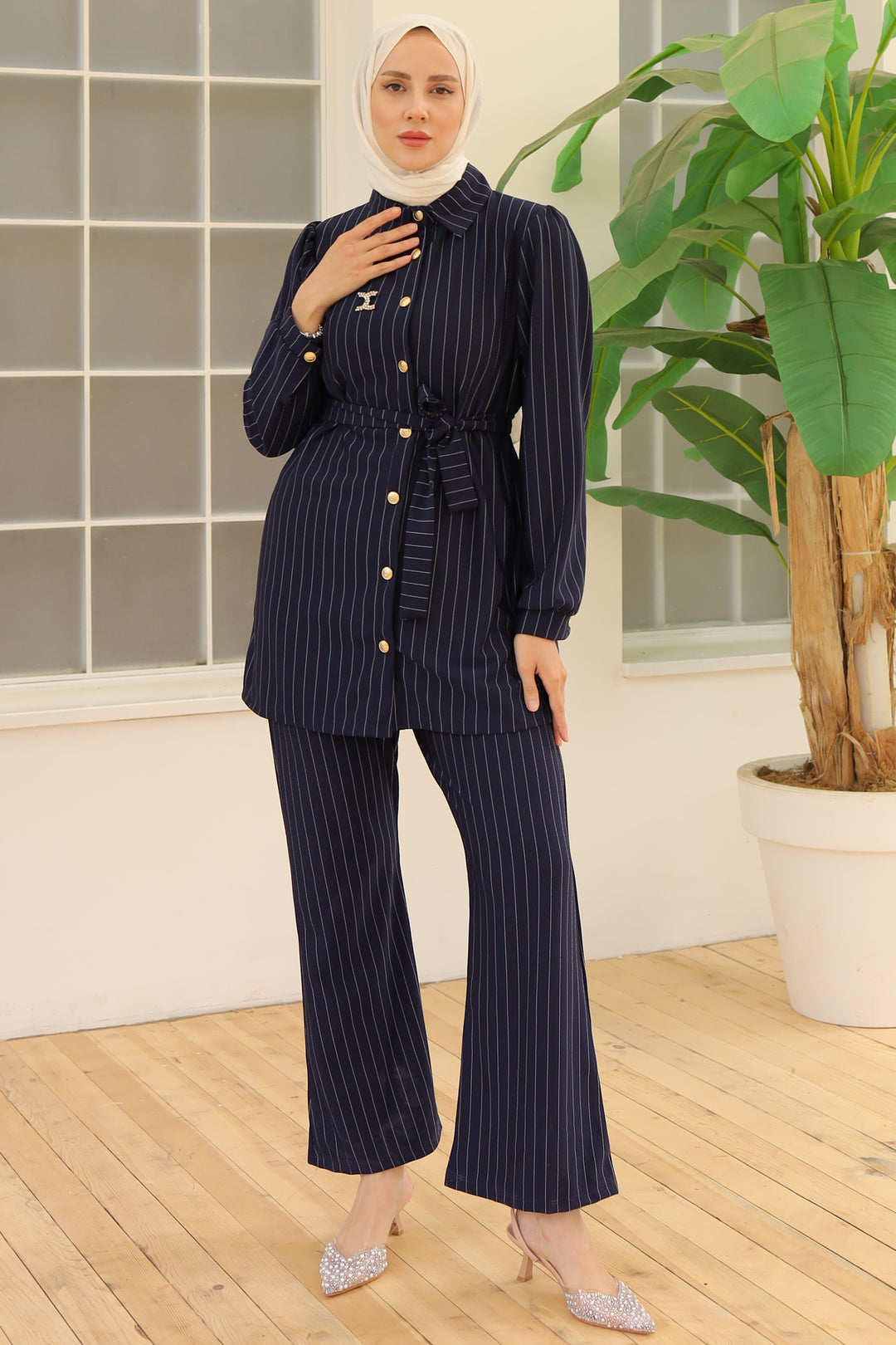 BNG Women Striped Crepe Suit Navy Blue - Clermont