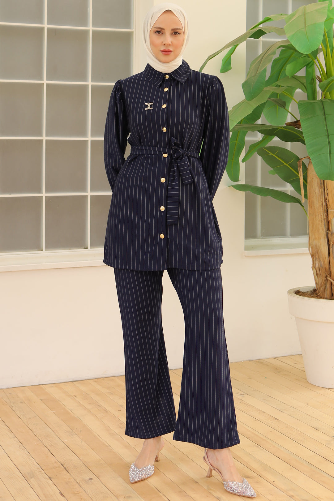 BNG Women Striped Crepe Suit Navy Blue - Clermont