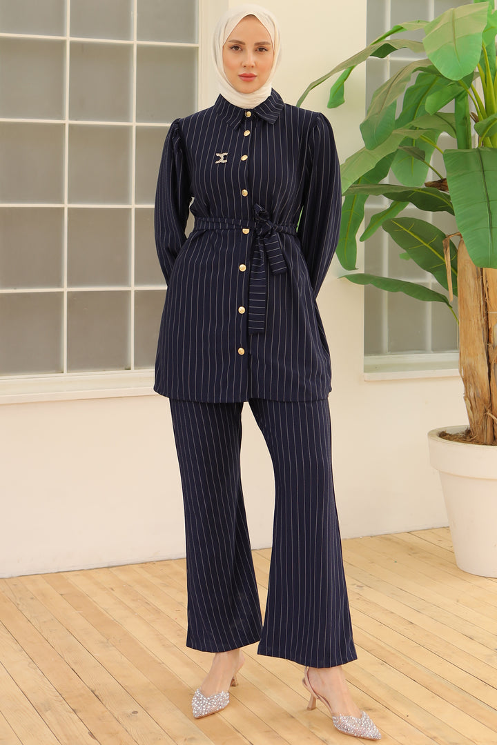 BNG Women Striped Crepe Suit Navy Blue - Clermont