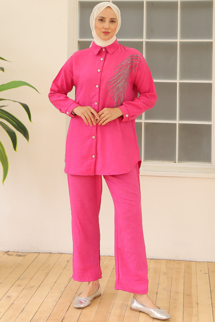 BNG Women Leaf Stone Linen Set Fuchsia - Clermont