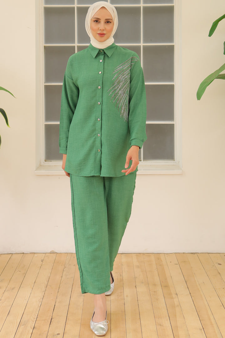 BNG Women Leaf Stone Linen Set Green - Clermont