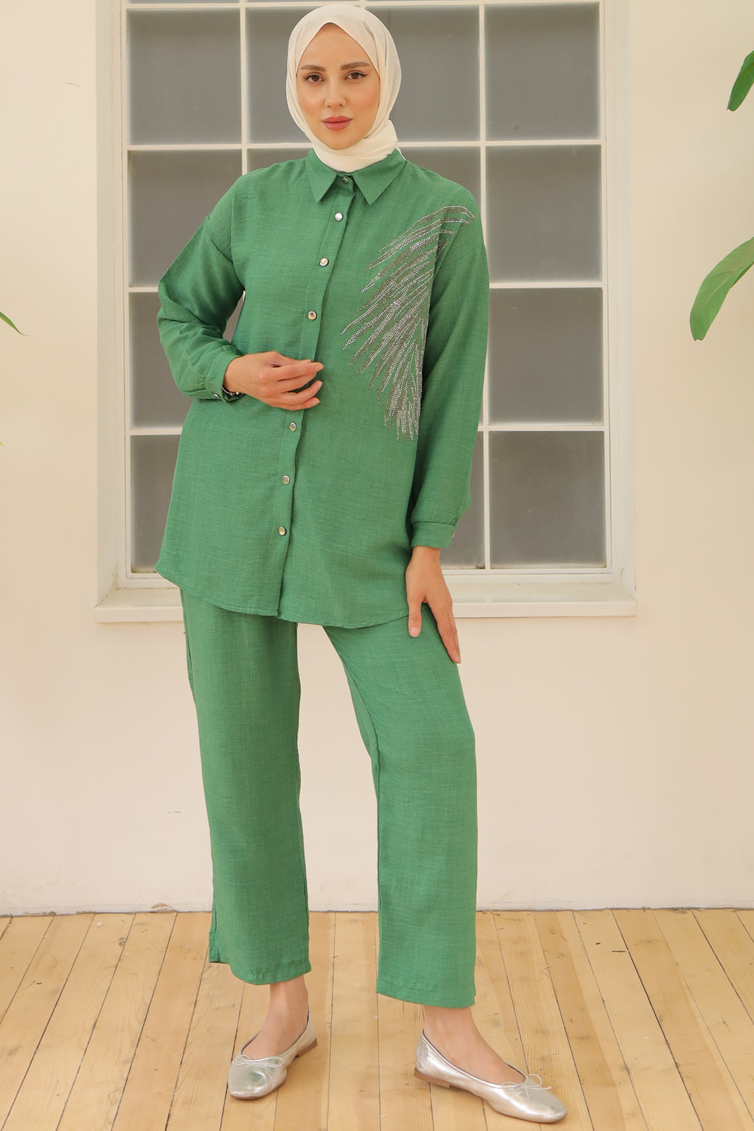 BNG Women Leaf Stone Linen Set Green - Clermont