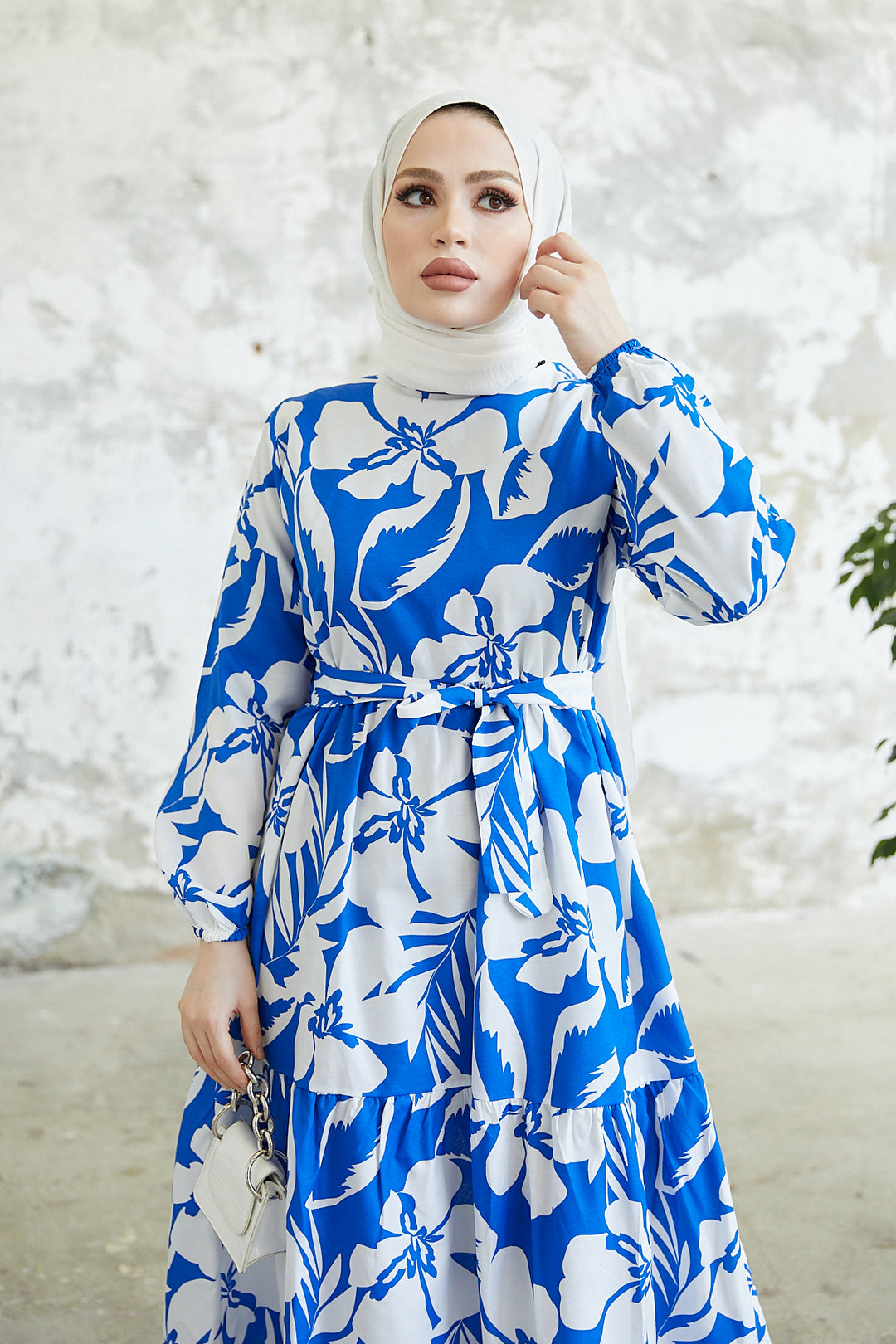 BNG Women Floral Pattern Hijab Dress Blue - Clermont