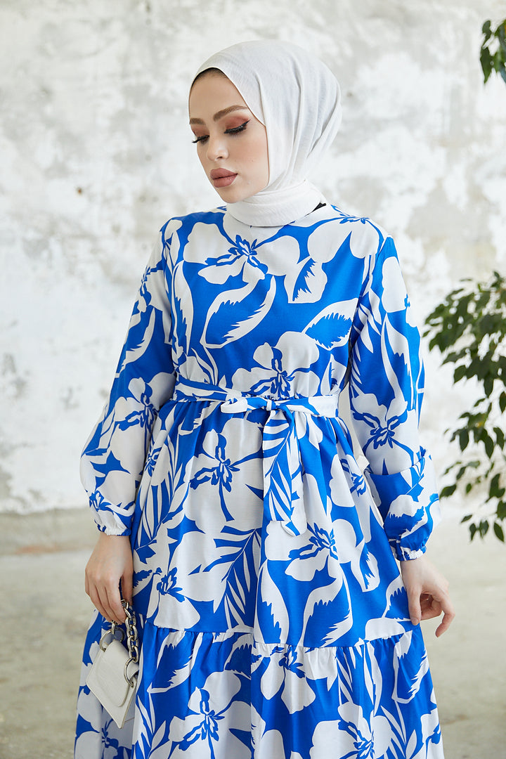 BNG Women Floral Pattern Hijab Dress Blue - Clermont