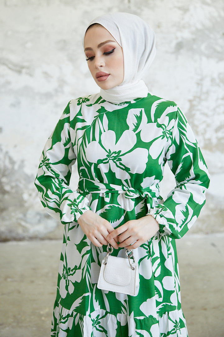 BNG Women Floral Pattern Hijab Dress Green - Clermont