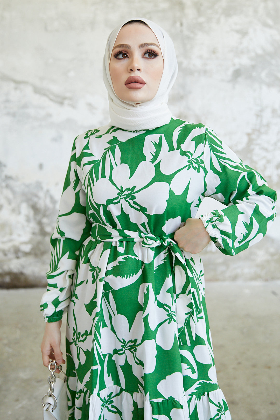 BNG Women Floral Pattern Hijab Dress Green - Clermont