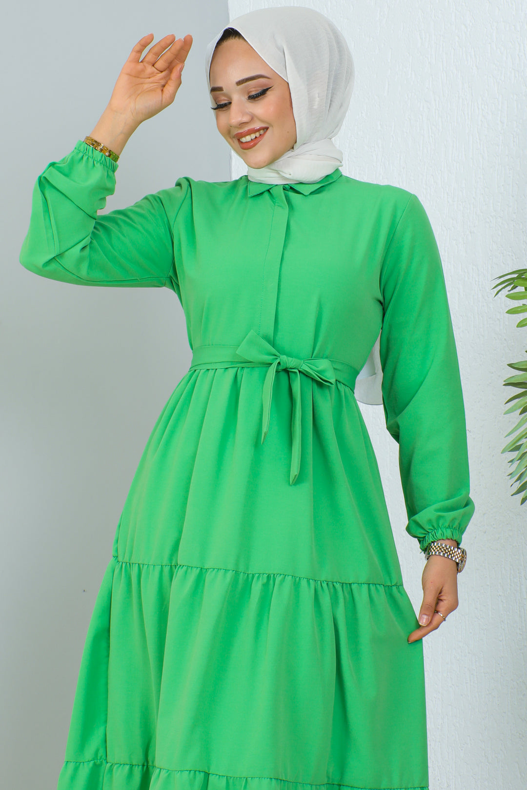 BNG Women Judge Collar Buttoned Hijab Dress Benetton Green - Clermont