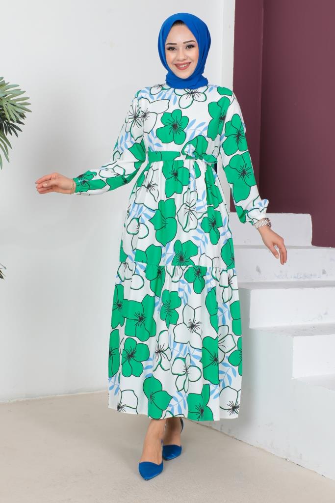 BNG Women Long Dress with Large Flower Pattern Green - Clermont