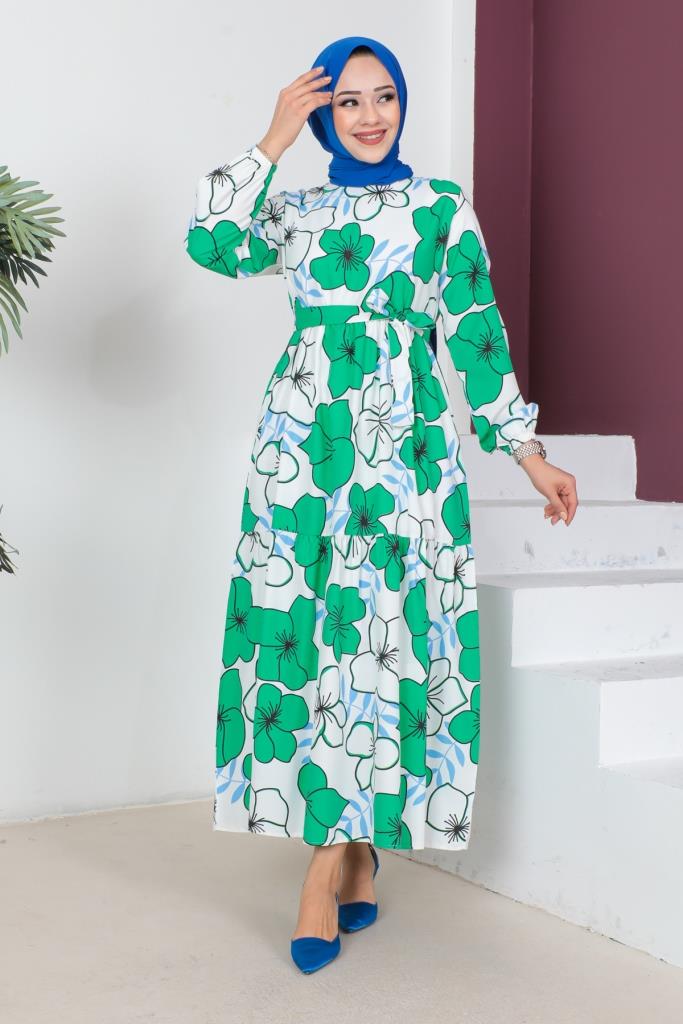 BNG Women Long Dress with Large Flower Pattern Green - Clermont