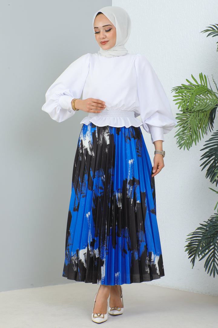 BNG Women Patterned Pleated Hijab Skirt Blue - Clermont