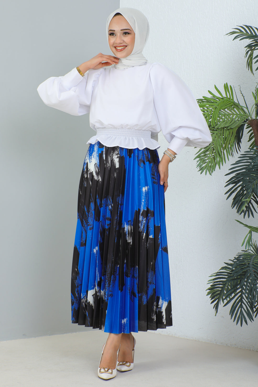 BNG Women Patterned Pleated Hijab Skirt Blue - Clermont