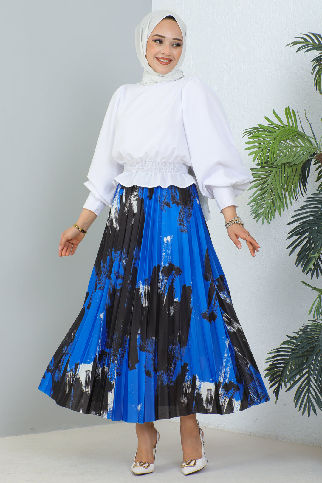 BNG Women Patterned Pleated Hijab Skirt Blue - Clermont