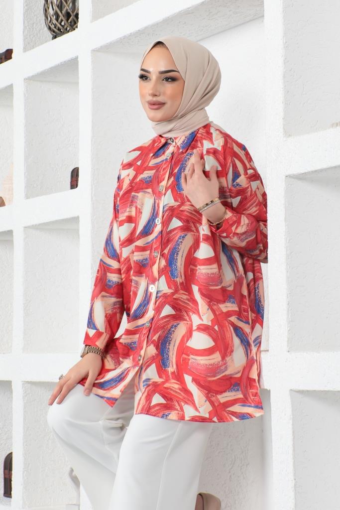 BNG Women Patterned Hijab Shirt Red - Clermont