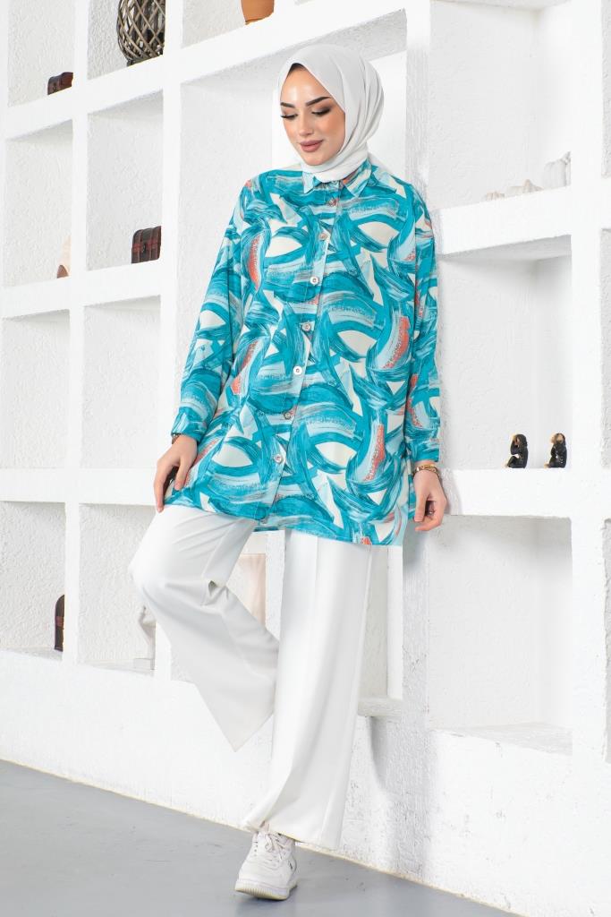 BNG Women Patterned Hijab Shirt Turquoise - Clermont