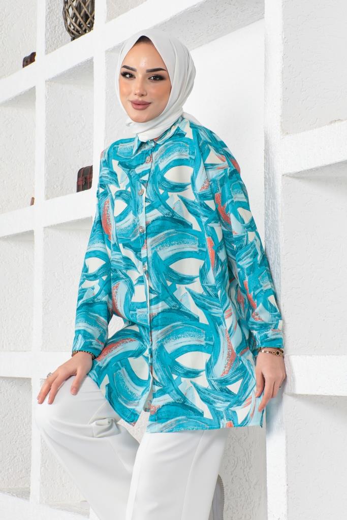 BNG Women Patterned Hijab Shirt Turquoise - Clermont