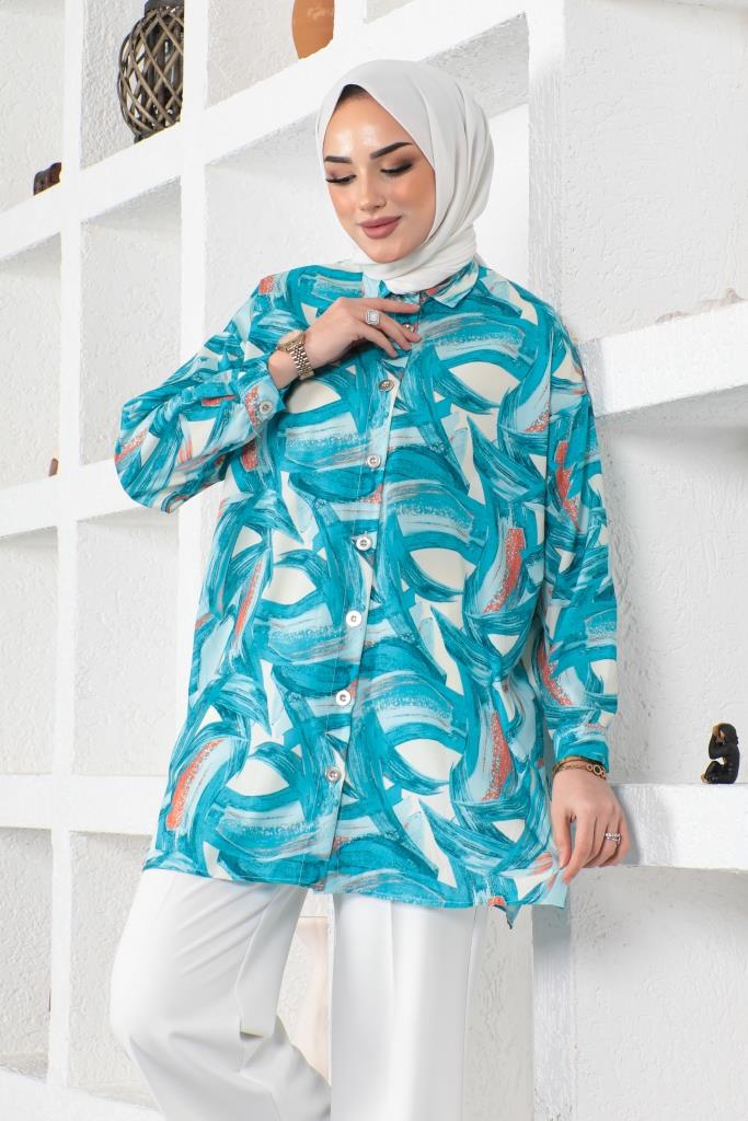 BNG Women Patterned Hijab Shirt Turquoise - Clermont