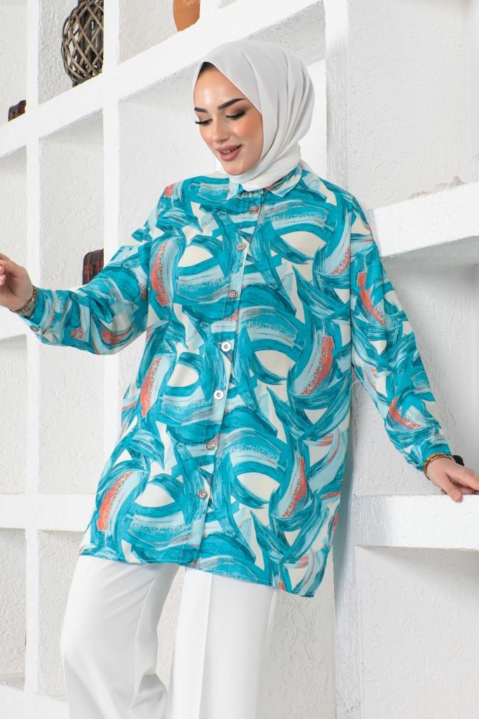 BNG Women Patterned Hijab Shirt Turquoise - Clermont