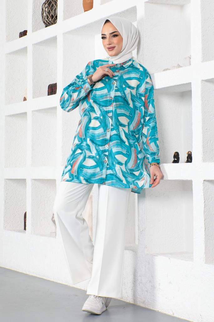 BNG Women Patterned Hijab Shirt Turquoise - Clermont