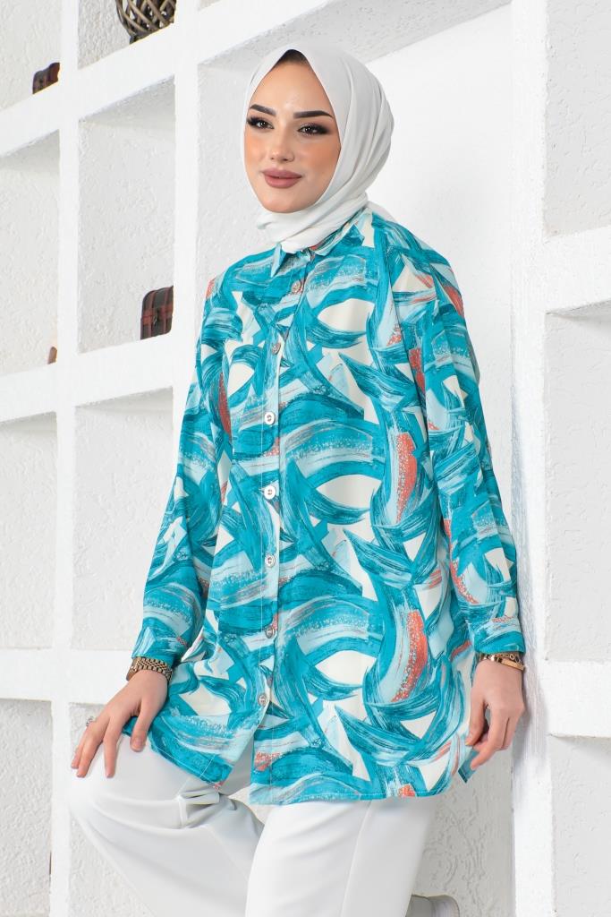 BNG Women Patterned Hijab Shirt Turquoise - Clermont