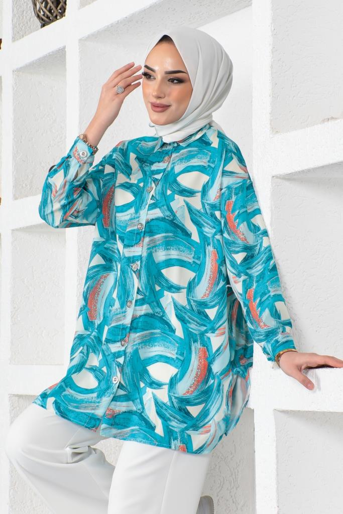 BNG Women Patterned Hijab Shirt Turquoise - Clermont