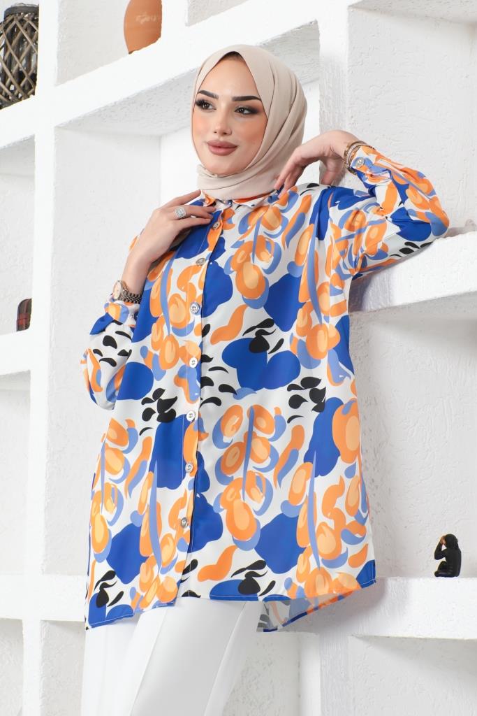 BNG Women Patterned Hijab Shirt Sax Blue - Clermont