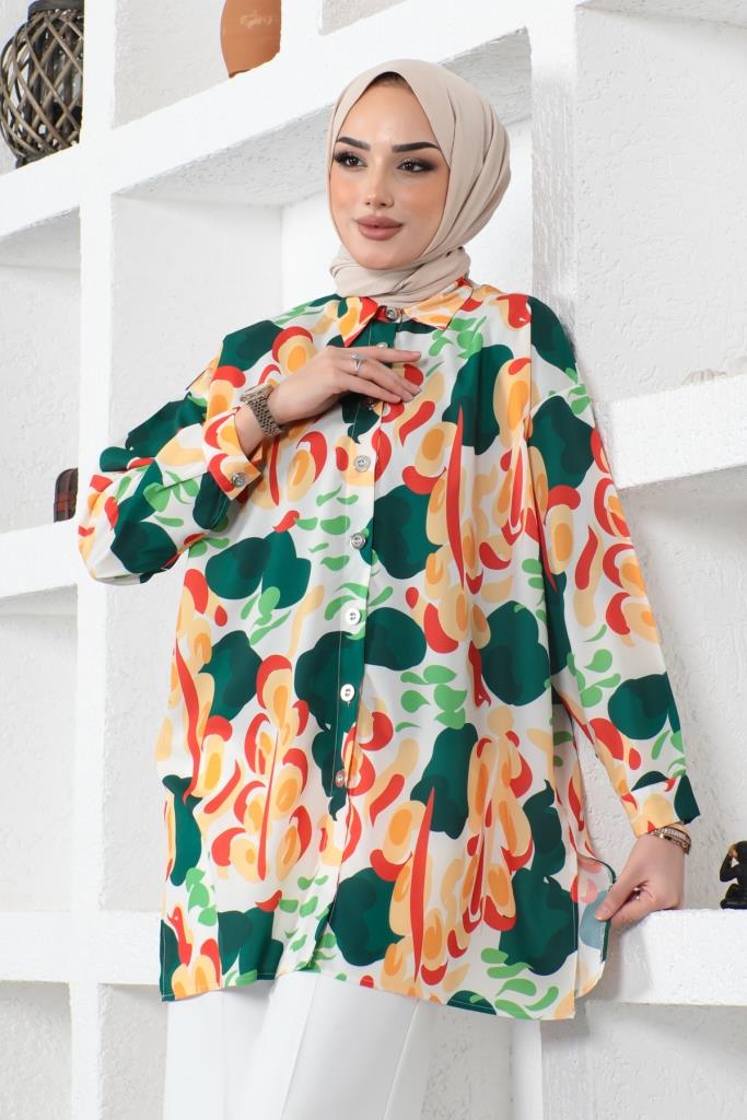 BNG Women Patterned Hijab Shirt Emerald Green - Clermont