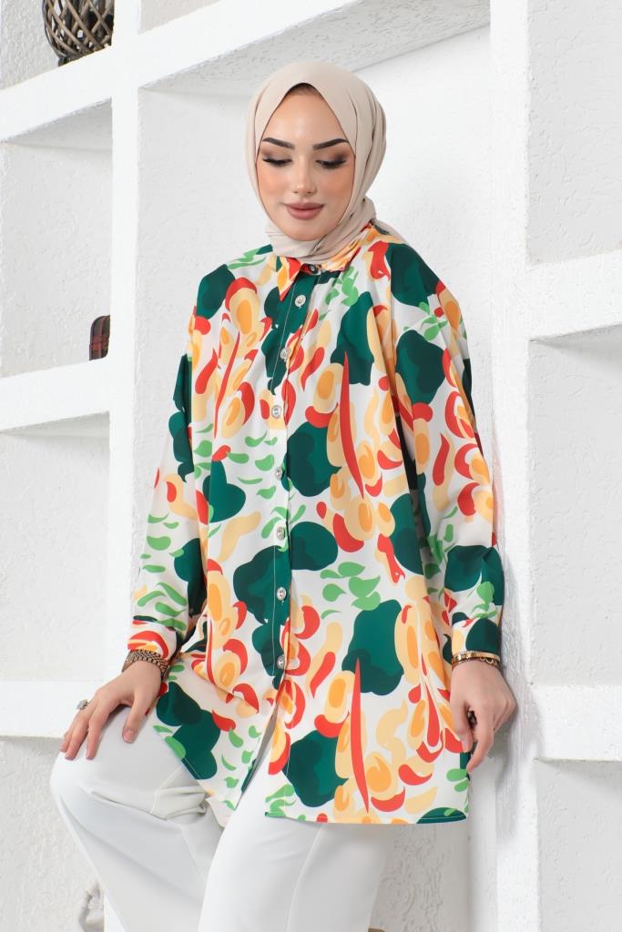 BNG Women Patterned Hijab Shirt Emerald Green - Clermont