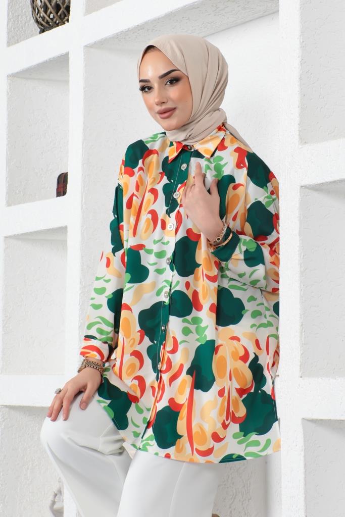 BNG Women Patterned Hijab Shirt Emerald Green - Clermont