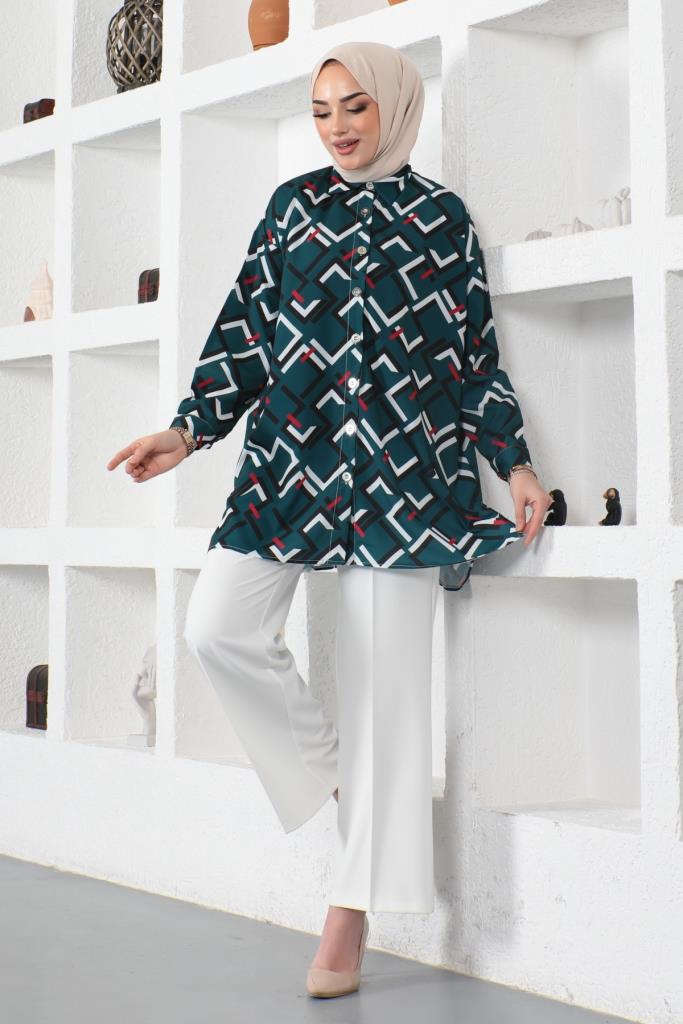 BNG Women Patterned Hijab Shirt Emerald Green - Clermont