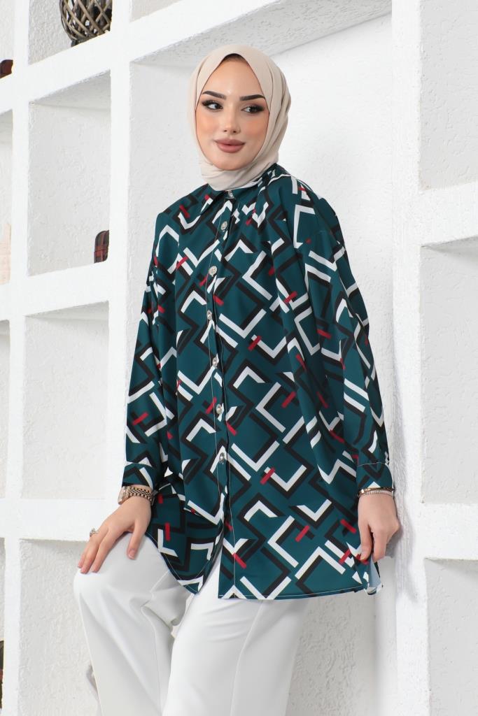 BNG Women Patterned Hijab Shirt Emerald Green - Clermont